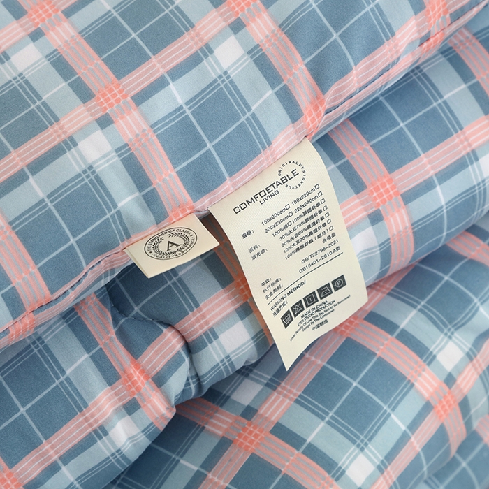 91家纺网 家纺一手货源 找家纺 优布加 2024新款色织水洗棉格斜抗菌良品系列大豆被冬被 良品-蓝格