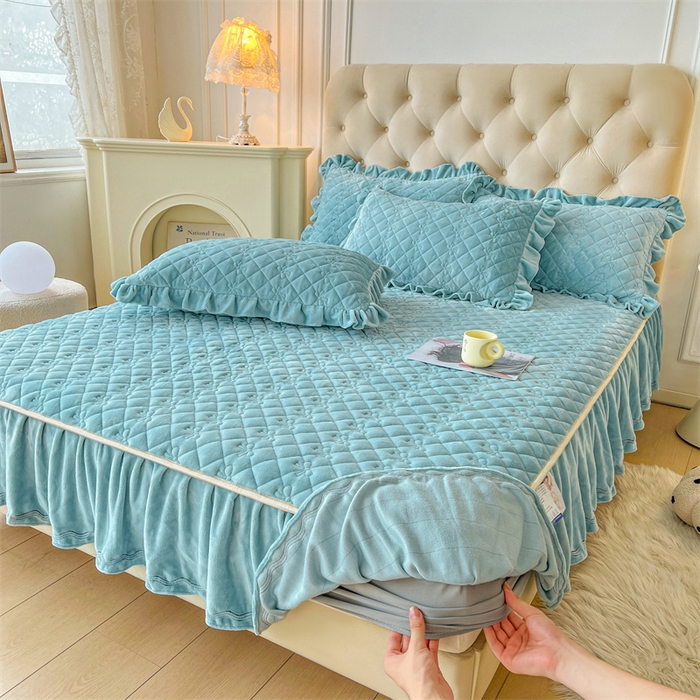 91家纺网 家纺一手货源 找家纺 2024新款热款A类牛奶绒夹棉床笠 浅灰蓝-