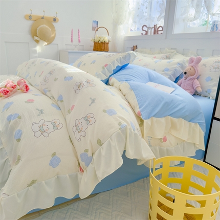 91家纺网 家纺一手货源 找家纺 灰鲸 2025新款ins水洗双层纱公主风四件套 唯爱兔兔