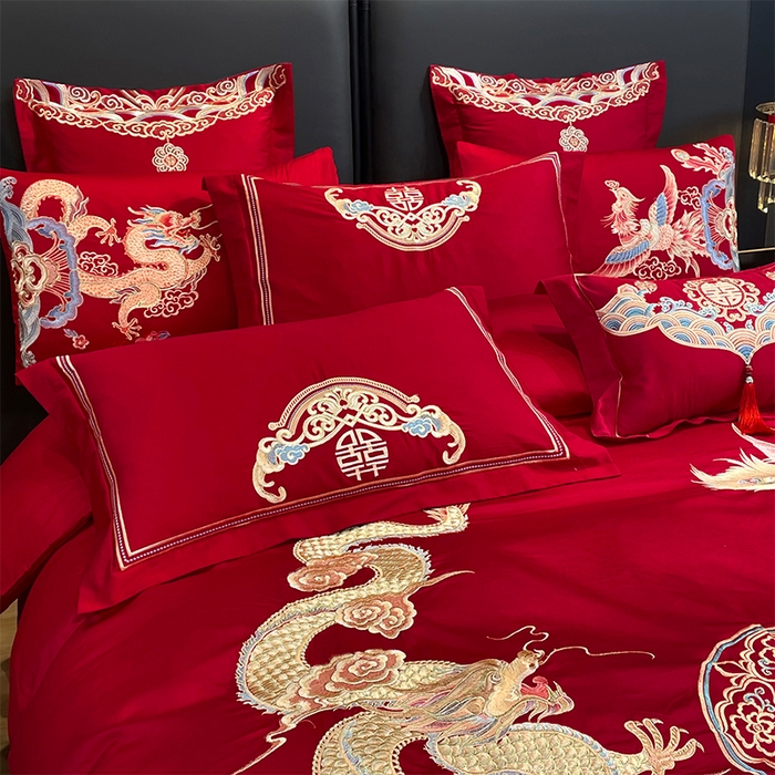 91家纺网 家纺一手货源 找家纺 用心 2024年新款双面磨毛绣花婚庆四件套 龙鸣凤悦