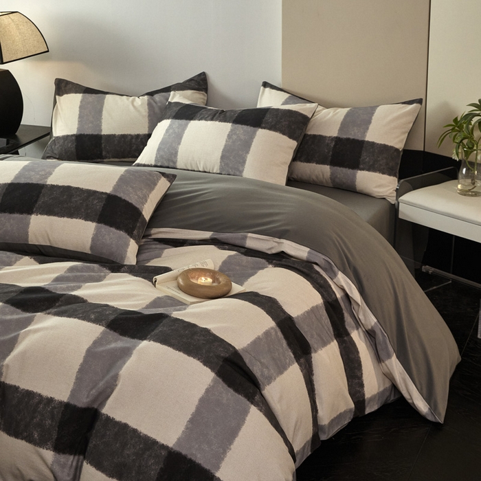 91家纺网 家纺一手货源 找家纺 雅居纺家纺 2024新款全棉印花磨毛四件套 灰大格