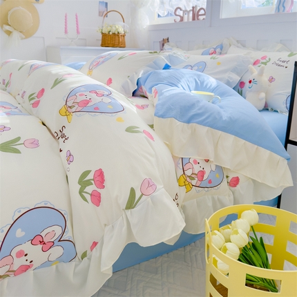 91家纺网 家纺一手货源 找家纺 灰鲸 2025新款ins水洗双层纱公主风四件套 梦中情兔