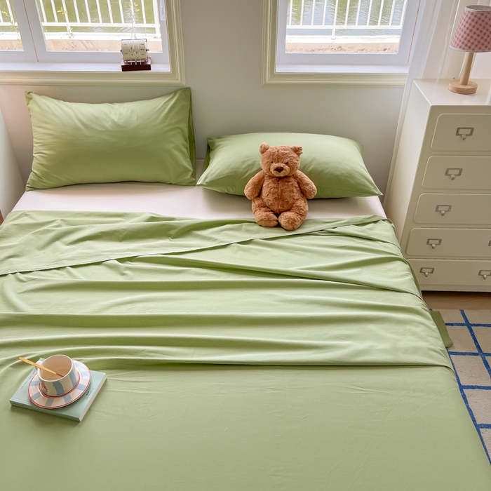 91家纺网 家纺一手货源 找家纺 韩巢家纺 2024新款简约格子纯色A类水洗棉床单枕套三件套 A类浅草绿-床单