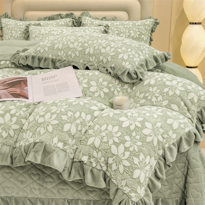 91家纺网 家纺一手货源 找家纺 2024新品A类牛奶绒韩版雕花四件套 茉莉花-绿