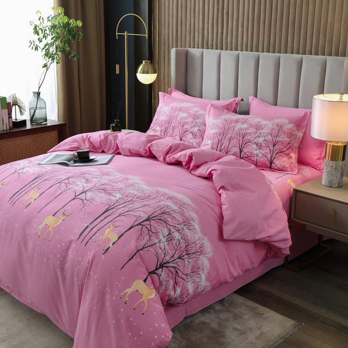 91家纺网 家纺一手货源 找家纺 威布斯家居 2024新款AA版全棉加厚磨毛四件套 鹿雪踏花-粉