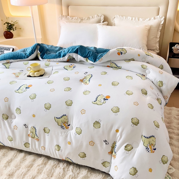 91家纺网 家纺一手货源 找家纺 暖阁 2025新款A类水洗棉豆豆被冬被春秋被被子被芯 开心恐龙