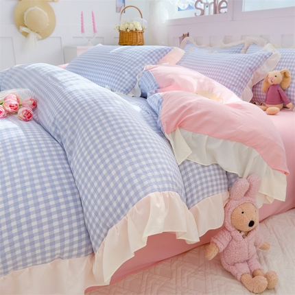 91家纺网 家纺一手货源 找家纺 灰鲸 2025新款ins水洗双层纱公主风四件套 奶油蓝格