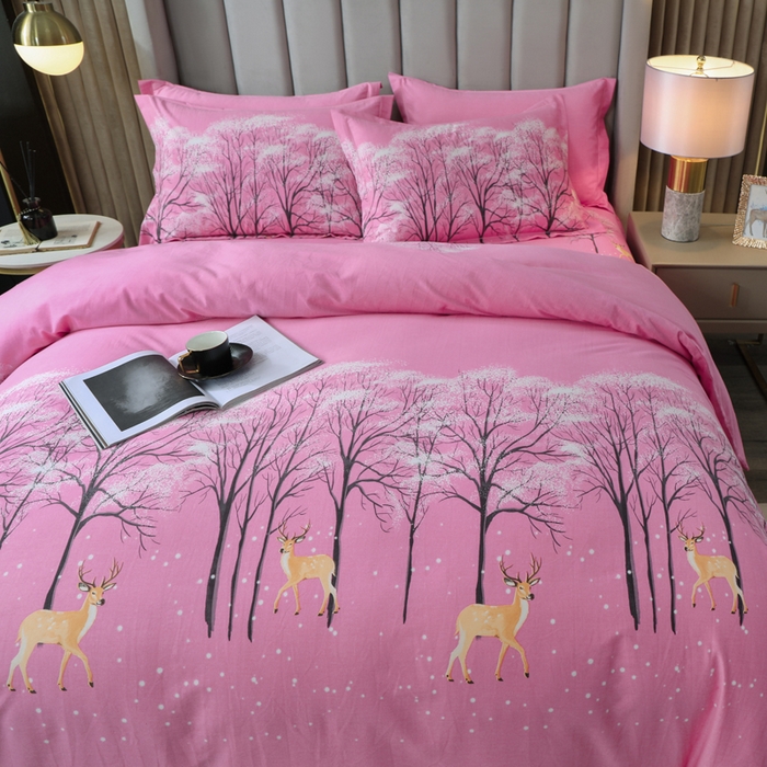 91家纺网 家纺一手货源 找家纺 威布斯家居 2024新款AA版全棉加厚磨毛四件套 鹿雪踏花-粉