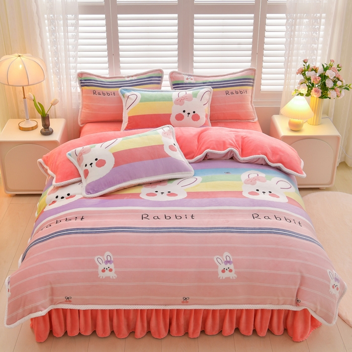 91家纺网 家纺一手货源 找家纺 绒耀 2025新款高克重牛奶绒四件套保暖四件套直播爆款电商爆款 彩虹兔