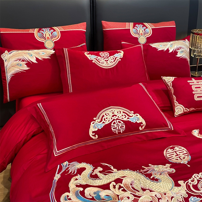 91家纺网 家纺一手货源 找家纺 用心 2024年新款双面磨毛绣花婚庆四件套 龙凤良缘