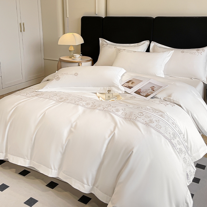 91家纺网 家纺一手货源 找家纺 理想家家纺 2024新款13372全棉刺绣四件套系列-花恋 白