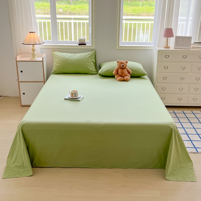 91家纺网 家纺一手货源 找家纺 韩巢家纺 2024新款简约格子纯色A类水洗棉床单枕套三件套 A类浅草绿-床单