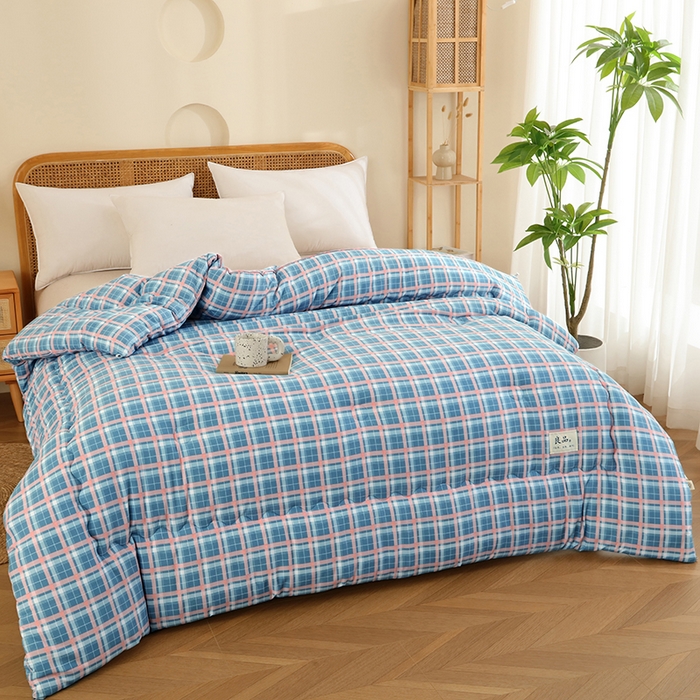 91家纺网 家纺一手货源 找家纺 优布加 2024新款色织水洗棉格斜抗菌良品系列大豆被冬被 良品-蓝格