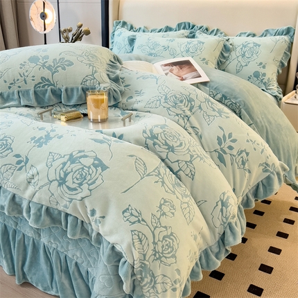 2024新品A类牛奶绒韩版雕花四件套 幸福玫瑰-蓝