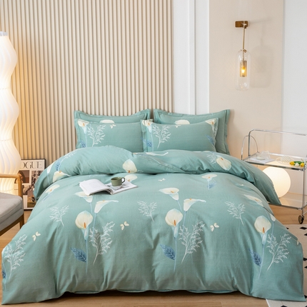 91家纺网 家纺一手货源 找家纺 威布斯家居 2024新款AA版全棉加厚磨毛四件套 清新百合-绿