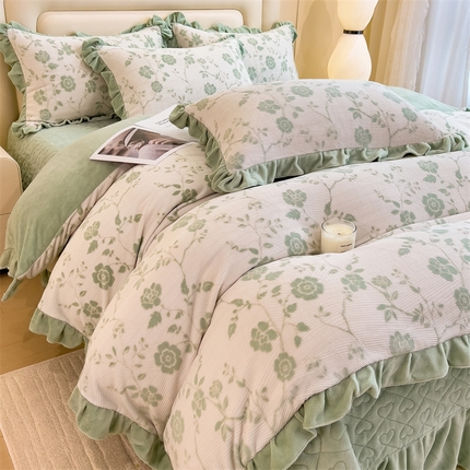 2024新品A类牛奶绒韩版雕花四件套 蔷薇-绿