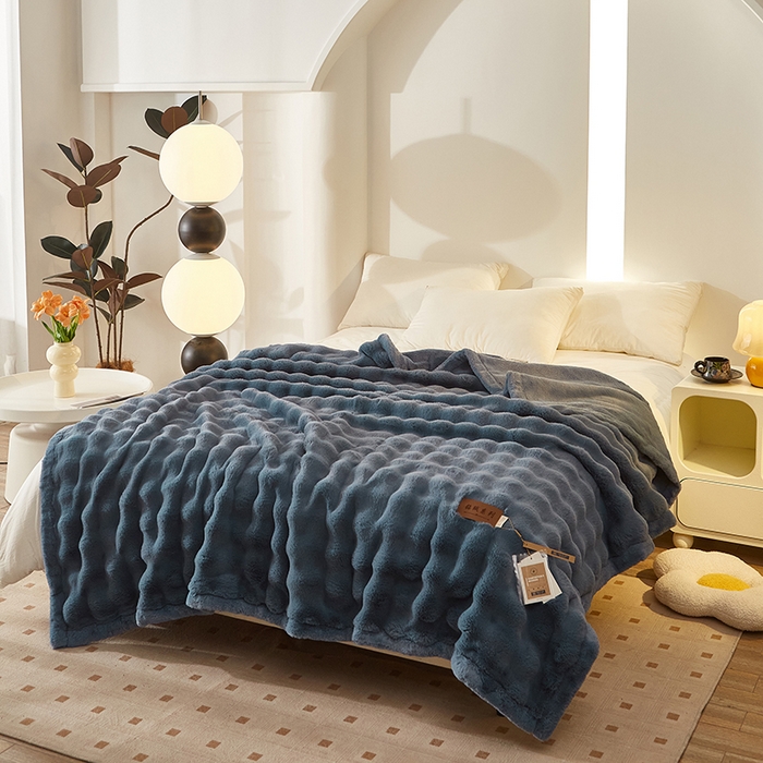 91家纺网 家纺一手货源 找家纺 尚品凤凰 2025新款亲肤舒适加厚保暖貂绒兔毛泡泡毛毯 泡泡-蓝