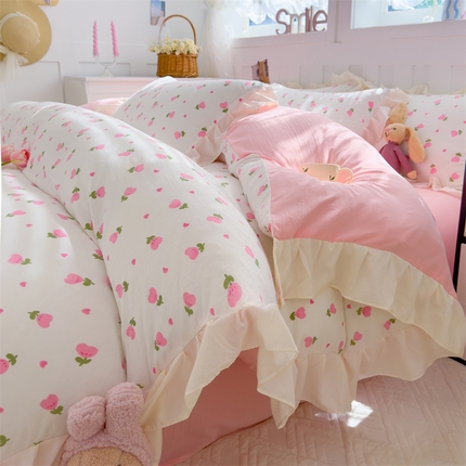 91家纺网 家纺一手货源 找家纺 灰鲸 2025新款ins水洗双层纱公主风四件套 粉嫩小郁金