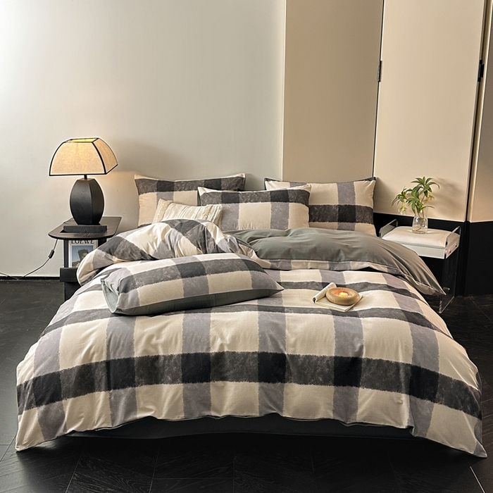 91家纺网 家纺一手货源 找家纺 雅居纺家纺 2024新款全棉印花磨毛四件套 灰大格