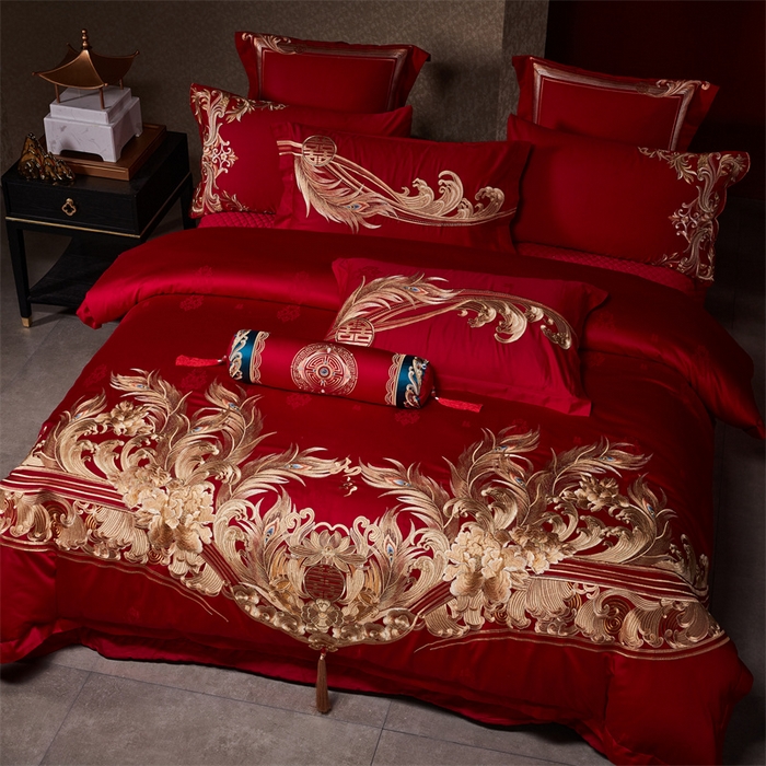 91家纺网 家纺一手货源 找家纺 宏羽纺家纺 2024新款高支高密纯棉提花婚庆套件系列（控价680）凤凰来仪-金