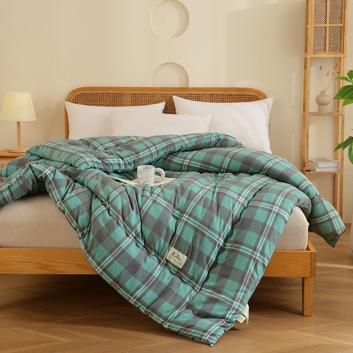 91家纺网 家纺一手货源 找家纺 优布加 2024新款色织水洗棉格斜抗菌良品系列大豆被冬被 良品-军绿