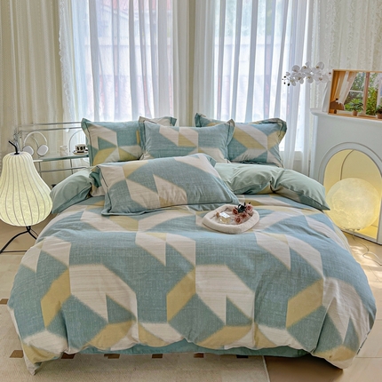 眷恋家纺 2025秋冬新款全棉纯棉喷气加厚磨毛纯棉四件套 时光隧道-绿