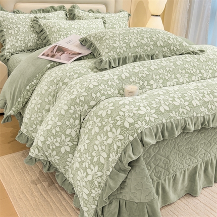 2024新品A类牛奶绒韩版雕花四件套 茉莉花-绿