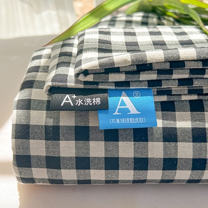 韩巢家纺 2024新款简约格子纯色A类水洗棉床单枕套三件套 A类黑色格-床单