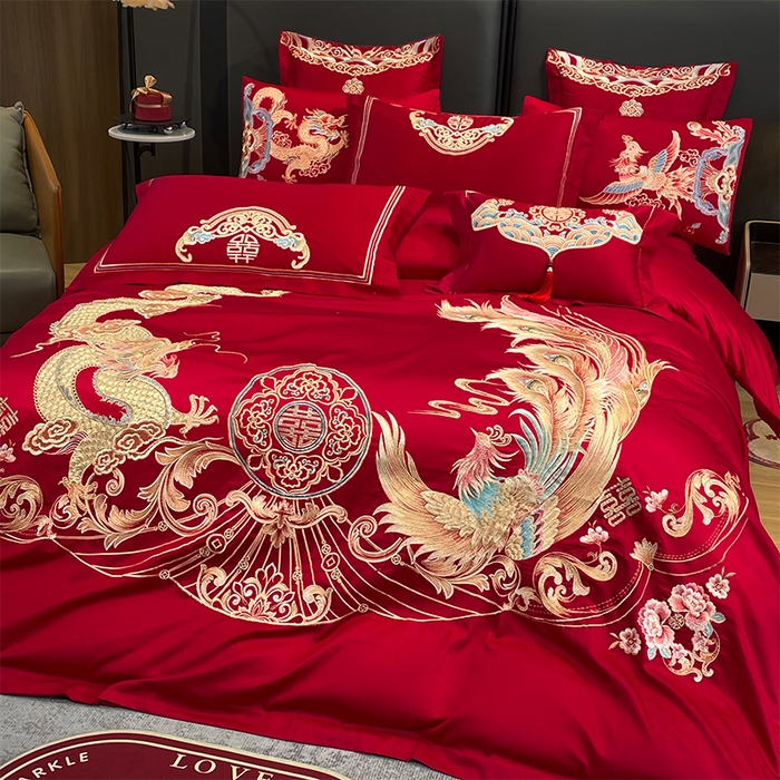 91家纺网 家纺一手货源 找家纺 用心 2024年新款双面磨毛绣花婚庆四件套 龙鸣凤悦