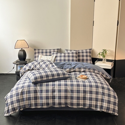 雅居纺家纺 2024新款全棉印花磨毛四件套 旋律-蓝格