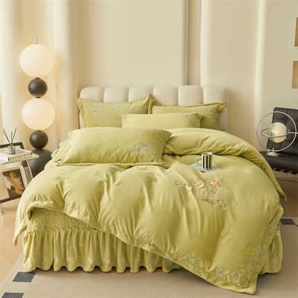 91家纺网 家纺一手货源 找家纺 2024新款锦肤绒蝶恋花床盖款四件套 蝶恋花-芥末绿