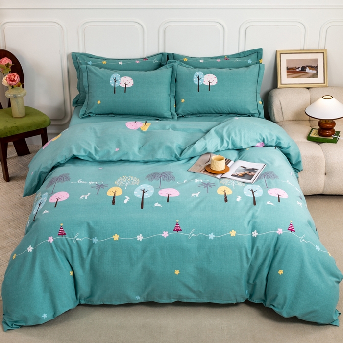 91家纺网 家纺一手货源 找家纺 威布斯家居 2024新款AA版全棉加厚磨毛四件套 欢乐树-绿