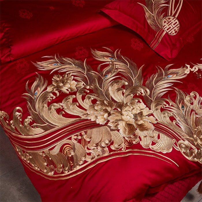 91家纺网 家纺一手货源 找家纺 宏羽纺家纺 2024新款高支高密纯棉提花婚庆套件系列（控价680）凤凰来仪-金