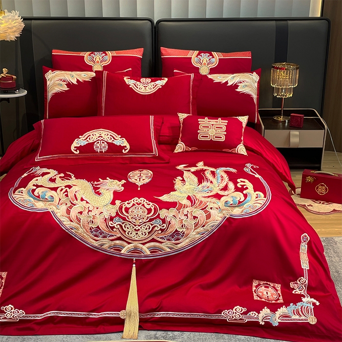 91家纺网 家纺一手货源 找家纺 用心 2024年新款双面磨毛绣花婚庆四件套 龙凤良缘