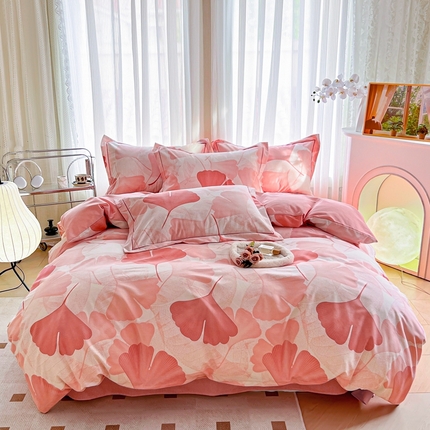 眷恋家纺 2025秋冬新款全棉纯棉喷气加厚磨毛纯棉四件套 银杏树下-粉