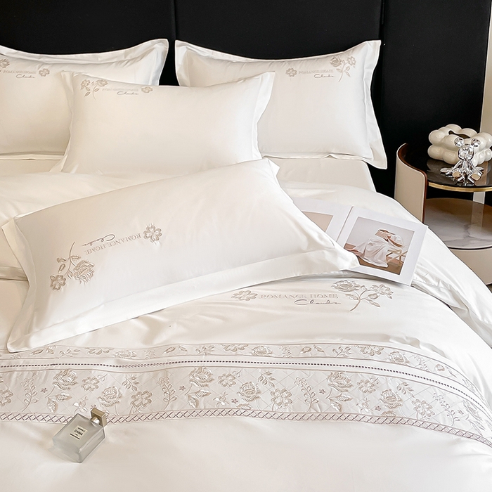 91家纺网 家纺一手货源 找家纺 理想家家纺 2024新款13372全棉刺绣四件套系列-花恋 白