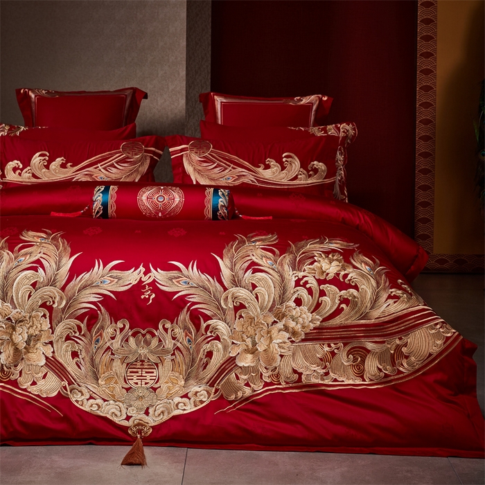 91家纺网 家纺一手货源 找家纺 宏羽纺家纺 2024新款高支高密纯棉提花婚庆套件系列（控价680）凤凰来仪-金