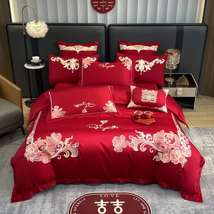 91家纺网 家纺一手货源 找家纺 用心 2024新款亲肤加厚磨毛新中式婚庆四件套多件套 花语