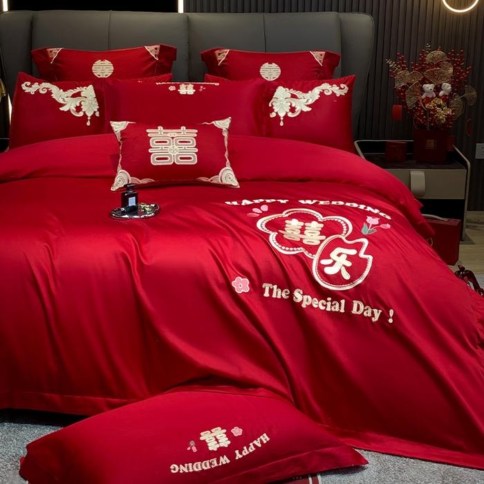 91家纺网 家纺一手货源 找家纺 用心 2024新款亲肤加厚磨毛新中式婚庆四件套多件套 囍乐