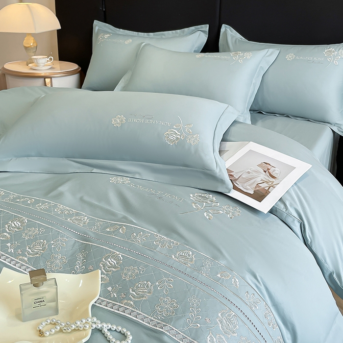 91家纺网 家纺一手货源 找家纺 理想家家纺 2024新款13372全棉刺绣四件套系列-花恋 绿