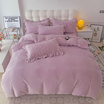 星尚家纺 2024新款加厚保暖全消光牛奶绒夹棉床裙四件套-玫瑰之恋 寐紫