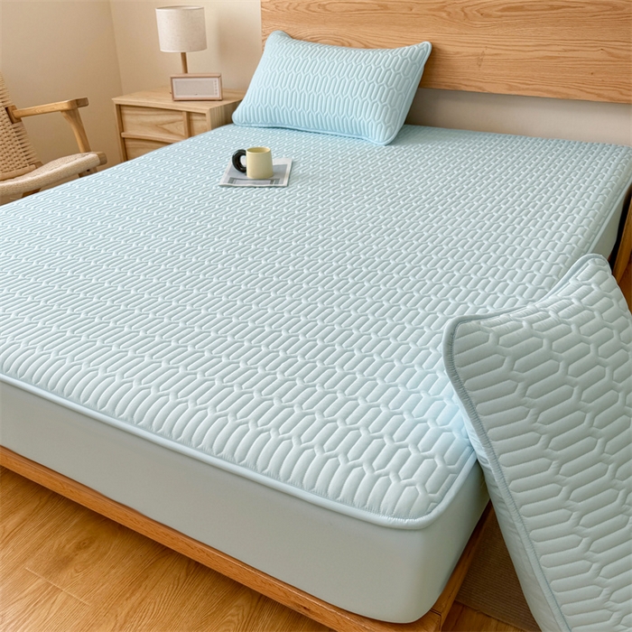 91家纺网 家纺一手货源 找家纺 雯豆家纺 2025新品【漏水包赔】防水隔尿加厚夹棉床笠三件套床垫保护套纯色床罩 格调防水款-冰川蓝