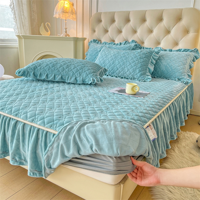 91家纺网 家纺一手货源 找家纺 2024新款热款A类牛奶绒夹棉床笠 浅灰蓝-