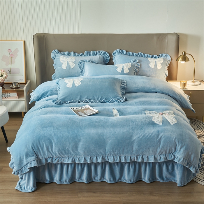 91家纺网 家纺一手货源 找家纺 2024新款A类幸福约定牛奶绒四件套 浅灰蓝