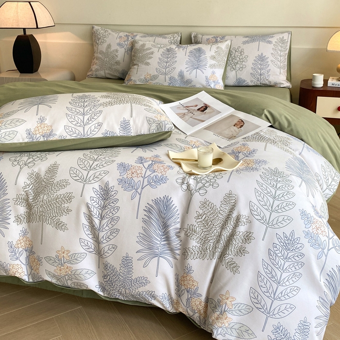 91家纺网 家纺一手货源 找家纺 雅居纺家纺 2024新款全棉印花磨毛四件套 绿染悠夏