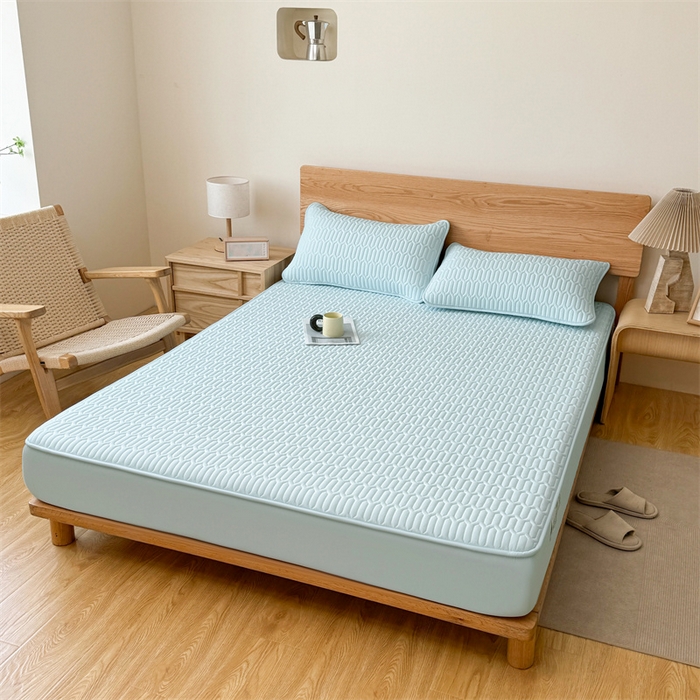 91家纺网 家纺一手货源 找家纺 雯豆家纺 2025新品【漏水包赔】防水隔尿加厚夹棉床笠三件套床垫保护套纯色床罩 格调防水款-冰川蓝