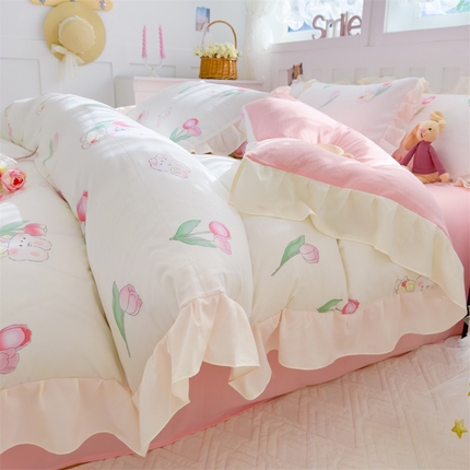 91家纺网 家纺一手货源 找家纺 灰鲸 2025新款ins水洗双层纱公主风四件套 香香公主