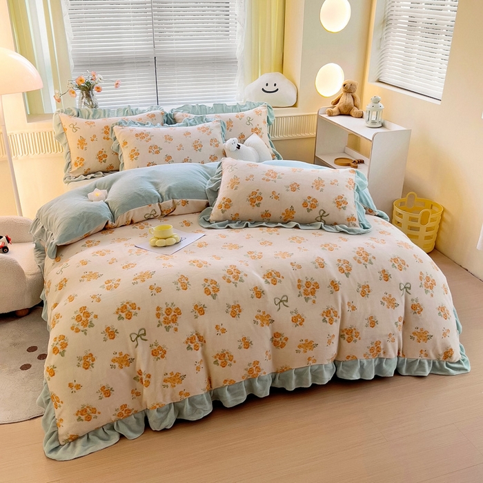 91家纺网 家纺一手货源 找家纺 找底底家纺 2024新款牛奶绒印花四件套 花海