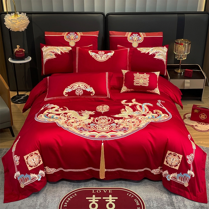 91家纺网 家纺一手货源 找家纺 用心 2024年新款双面磨毛绣花婚庆四件套 龙凤良缘