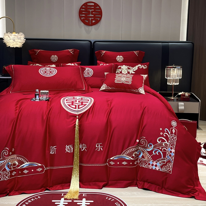 91家纺网 家纺一手货源 找家纺 用心 2024新款亲肤加厚磨毛新中式婚庆四件套多件套 相爱